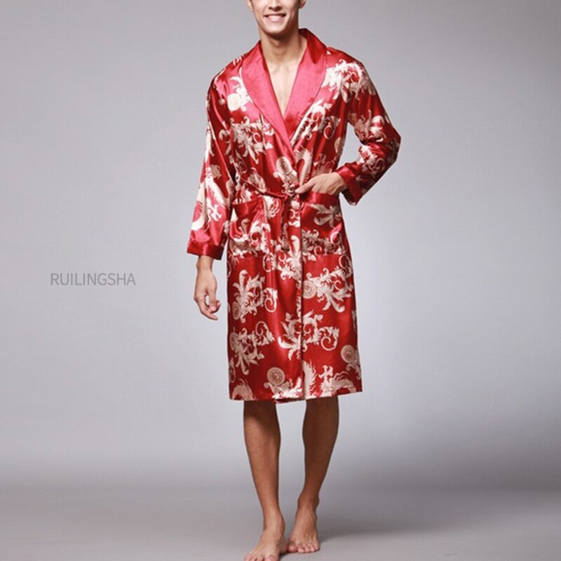 Stilfuld #39 badekåbe silke kimono lange ærmer morgenkåbe kinesisk lucky dragon print pyjamas mænd kjole badekåbe mænd hjemmetøj maskulin: Rød / L