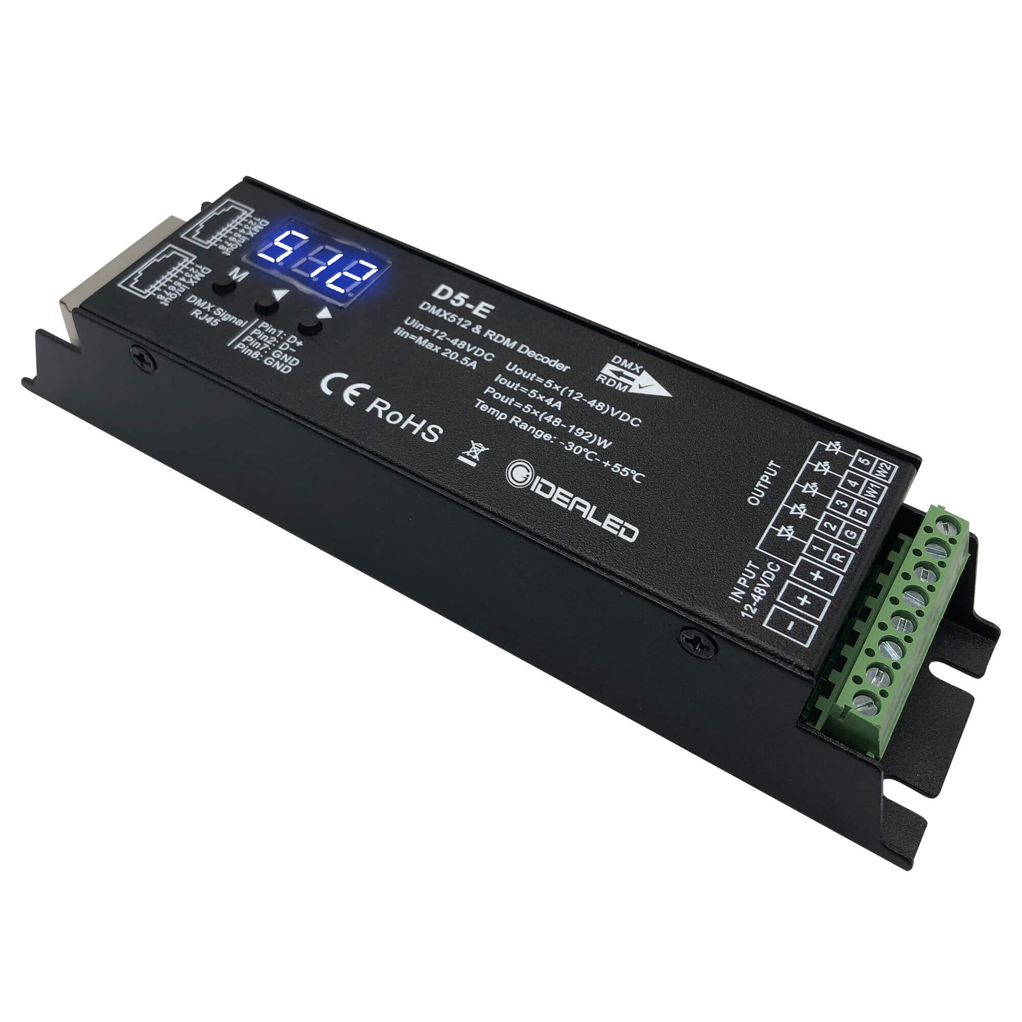 5 Channel DMX512 Decoder Dimmer Driver PWM LED Controller for DC12V-48V with RDM Digital Display for RGBCCT,RGBWW,RGBW Light: D5-E