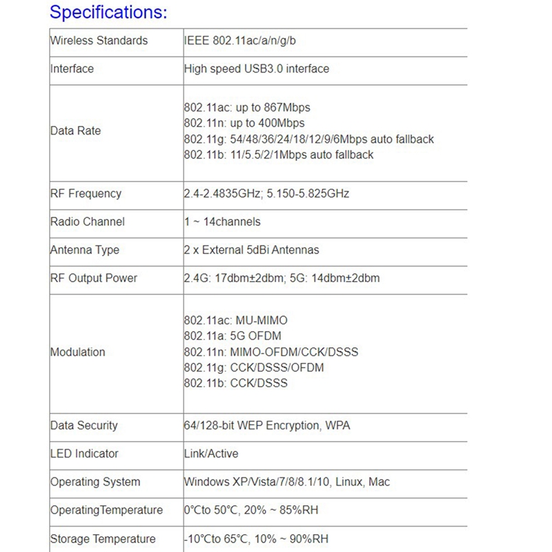 Adattatore di rete senza fili di USB WiFi 5G/1300G dell&#39;antenna 5Dbi di Computers-802.11AC personale 2.4 Mbps per l&#39;adattatore personale di WiFi di USB