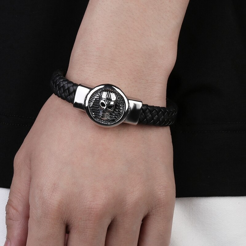 Trendy Egypte Schedel Armband Lederen Rvs Eenvoudige Bangle Mannelijke Collocatie Punk Manchet Sieraden