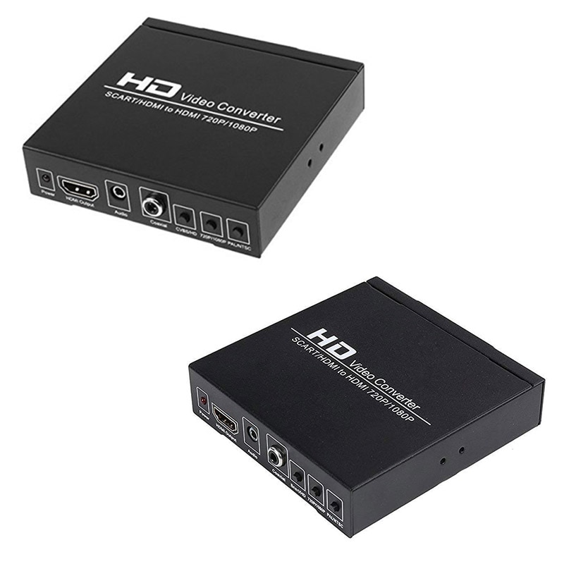 PAL / NTSC SCART and HDMI to HDMI Video Converter Box 1080P Upscaler with 3.5mm and Coax o Output for Game Consoles / DVD /