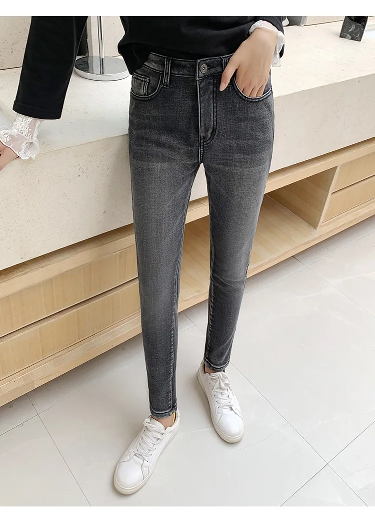 Jean Slim en velours épais pour femme, taille haute, Simple, polaire, , Slim, Stretch, décontracté, Denim: 30 / black gray velvet