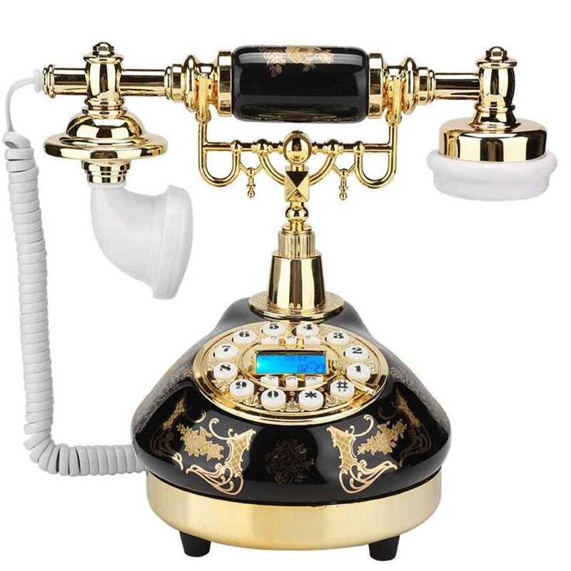 Retro fastnet telefon antik gammel telefon keramisk sort guld blomstermønster boligindretning bordtelefon til kontorhotel hjemmebrug