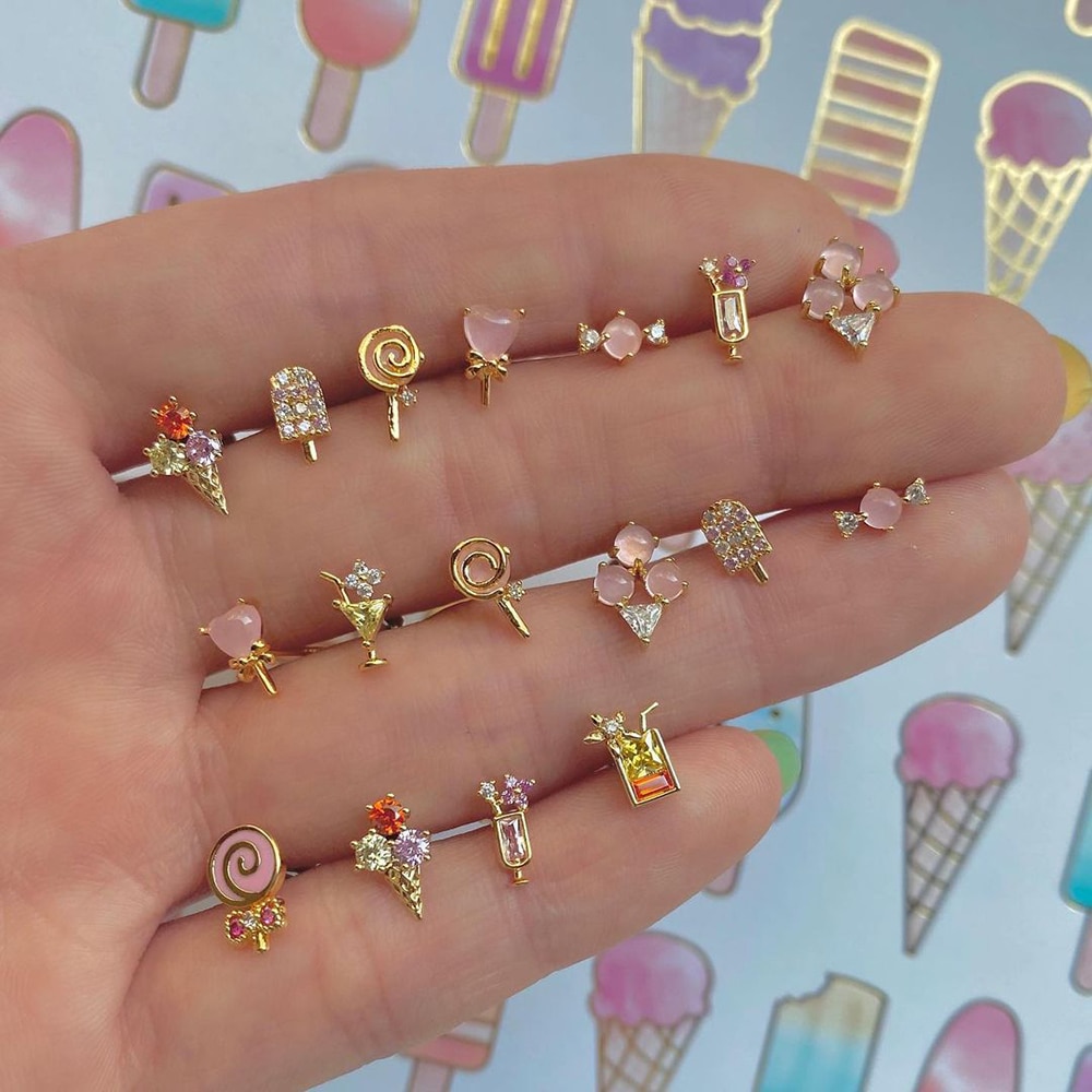 Boucles d'oreilles en plaqué or 18K, 1 paire, , doux, sucette, crème glacée, Helix, Cartilage, Piercing, bijoux, , été