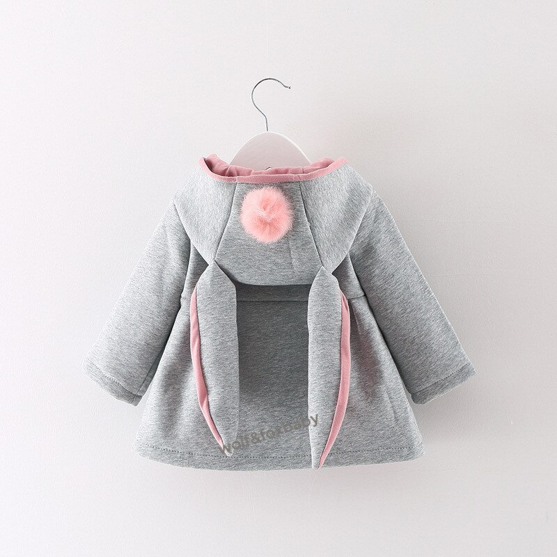 Retail 0-3 years coat cartoon Rabbit Ear Hooded solid color full-sleeves Warm cute kids children spring autumn fall winter: Gray / 24M