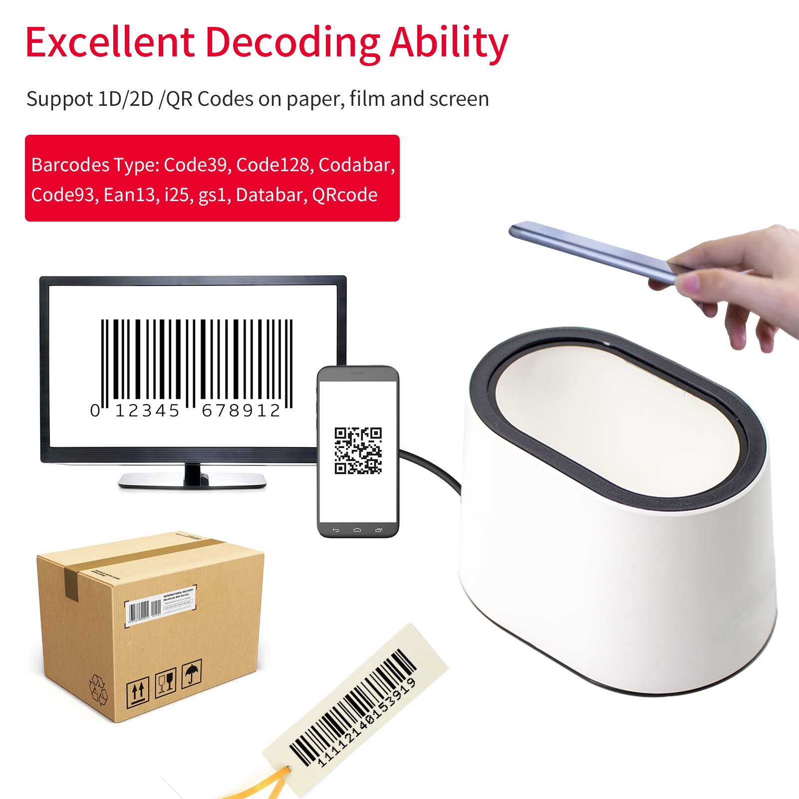 Aibecy Desktop 1D 2D Qr Barcode Scanner Platform Usb Bedrade Bar Code Reader Grote Scannen Venster Ondersteuning Auto-Sensing handen Gratis