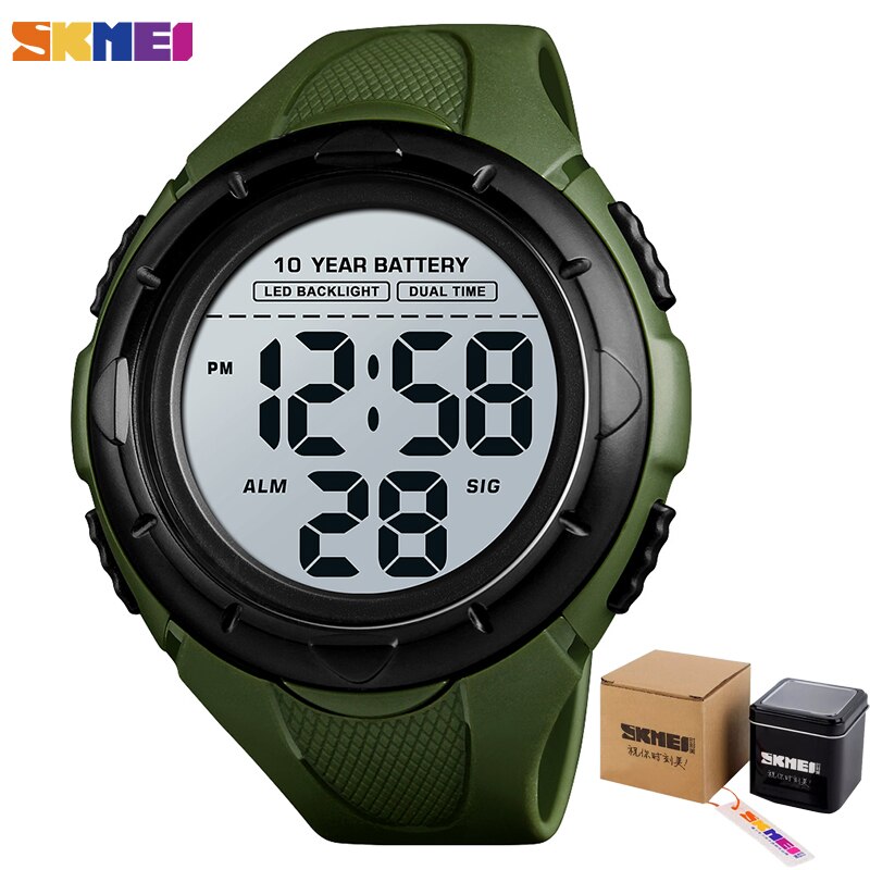 Skmei led digitaal horloge heren 2 tijd sport polshorloges heren chrono elektronische wekker 10 jaar batterij reloj hombre 1563 horloges: Legergroen met doos