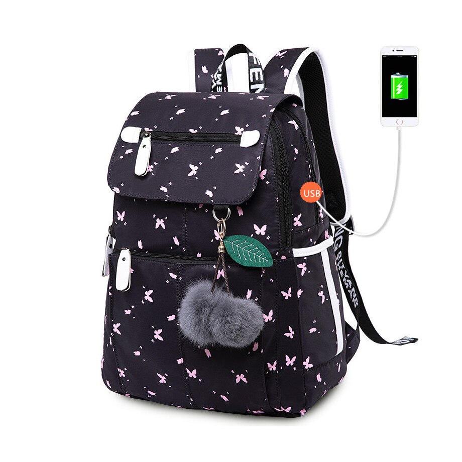 Junior High School Bags For Girls Laptop Backpack Female Usb Backbag Children Backpacks School Backpack For Girls Bag Pack: Butterfly