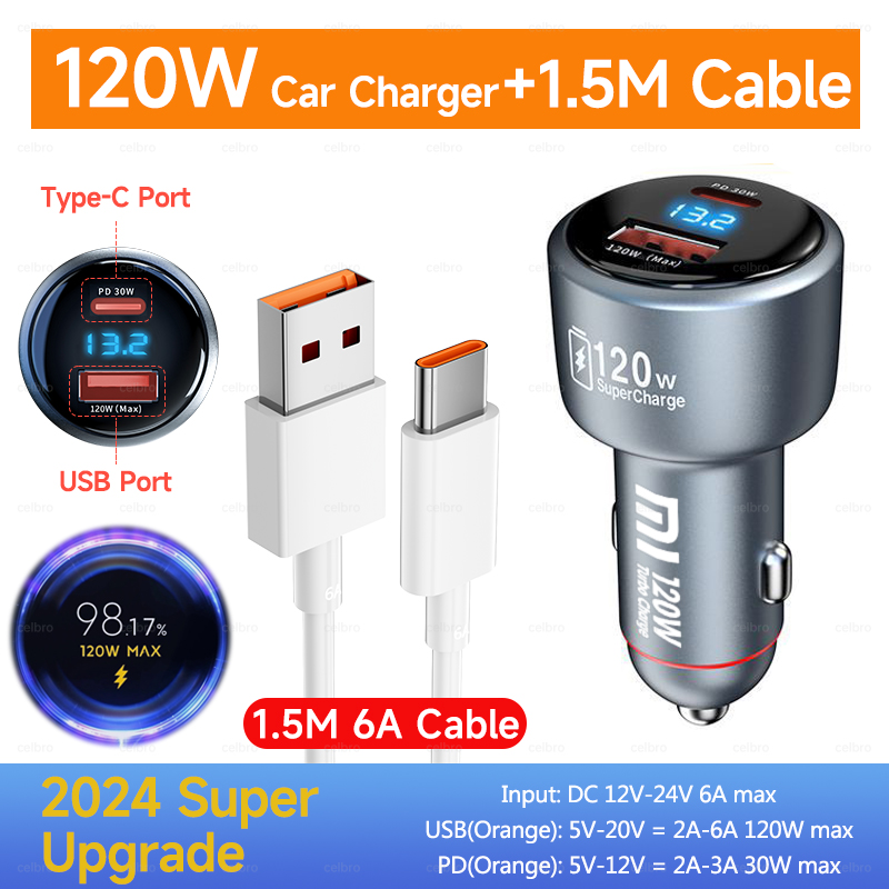 120W Xiaomi USB Type C Car Charger 67W 6A Turbo Fast Charging Adapter For Mi 14 13 13T 12 Pro Redmi Note K60 IPhone 16 15 Charge: AU