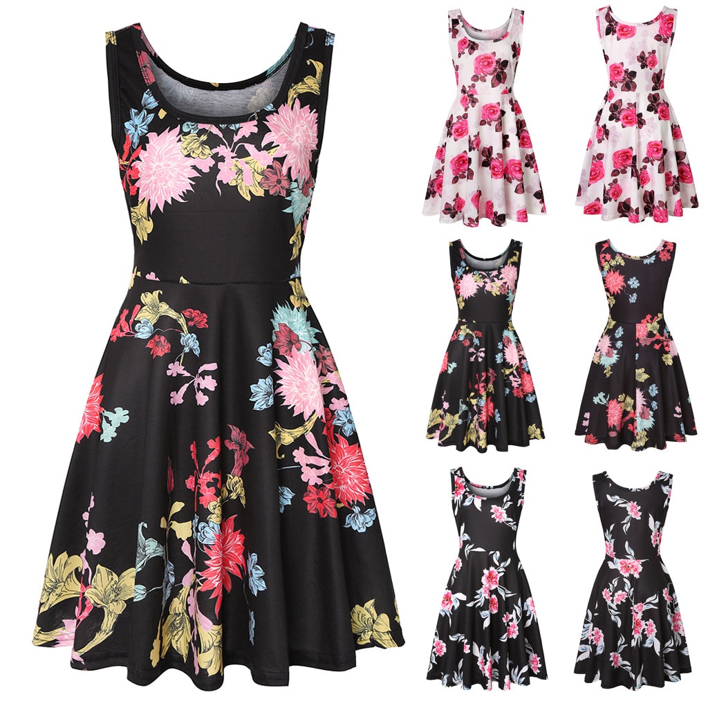 Vrouwen Mouwloze Bloemenprint Zomer Strand EEN Lijn Casual Dress Party Dress2019 vrouwen mode print jurk