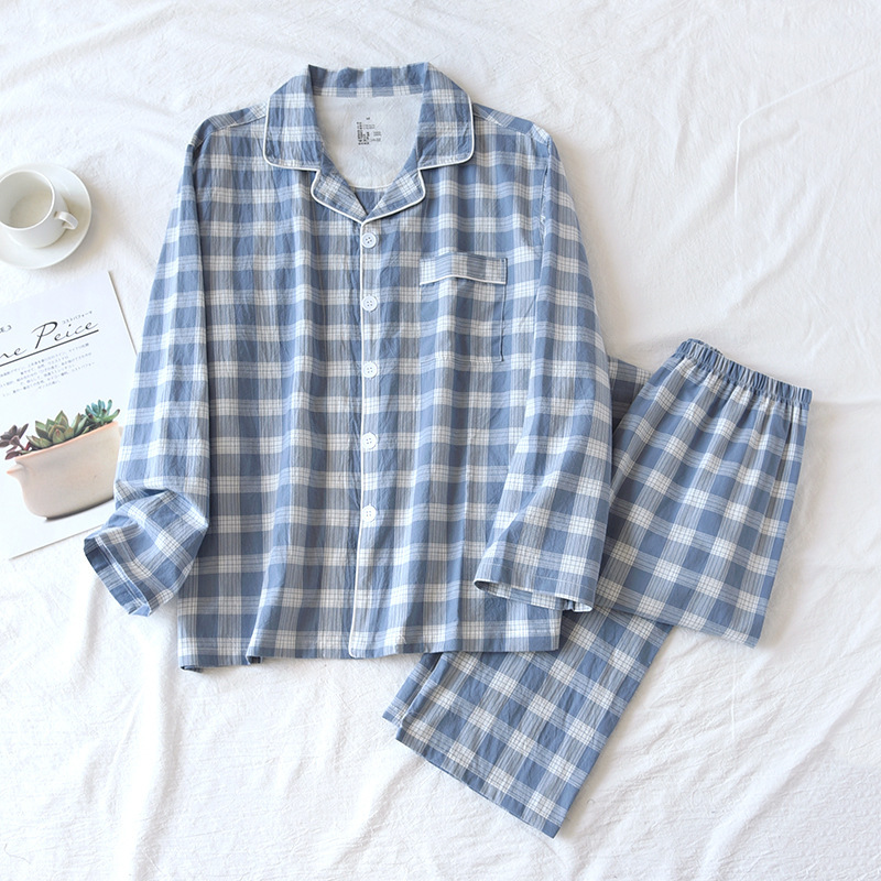Conjunto de 2 unids/set de pijamas para hombre y mujer, pantalones y Tops finos de manga larga, traje de Pijama largo a cuadros, ropa de dormir para pareja, primavera, verano y otoño