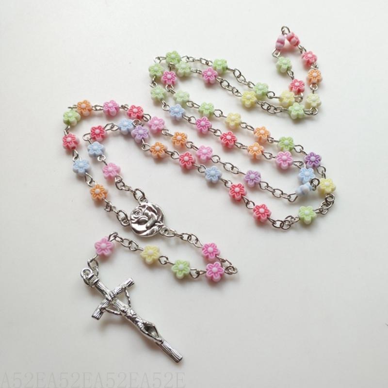 A52E katholieke kralen rozenkrans ketting bloem kralen Kruis hanger ketting sieraden cadeau