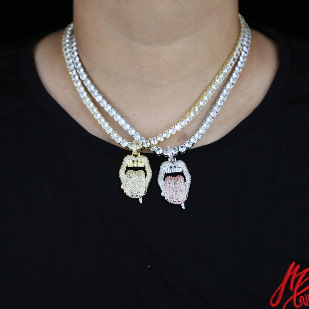 Iced out white pink mouth pendant Dollar symbol engraved hiphop bling cz pave tennis chain dripping Lip men boy necklace jewelry