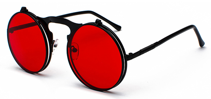 Peekaboo unisex retro steampunk sunglasses flip up green yellow red small round summer style unisex sun glasses men women: black with red