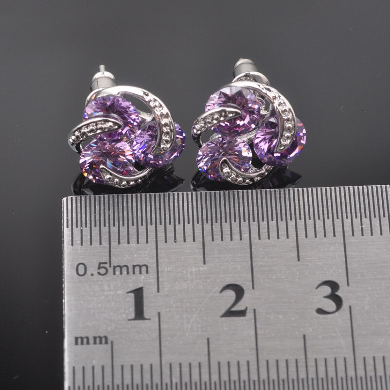 Bijoux de mariage cristal violet pour femmes, ensemble de bijoux estampillés de couleur argent, pendentif, collier, boucles d&#39;oreilles, bagues QZ0175