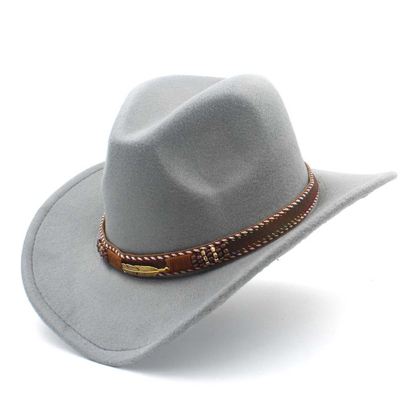 Menns ull vestlig cowboyhatt til herre dame vinter høst jazz cowgirl cloche sombrero caps med belte: Grå