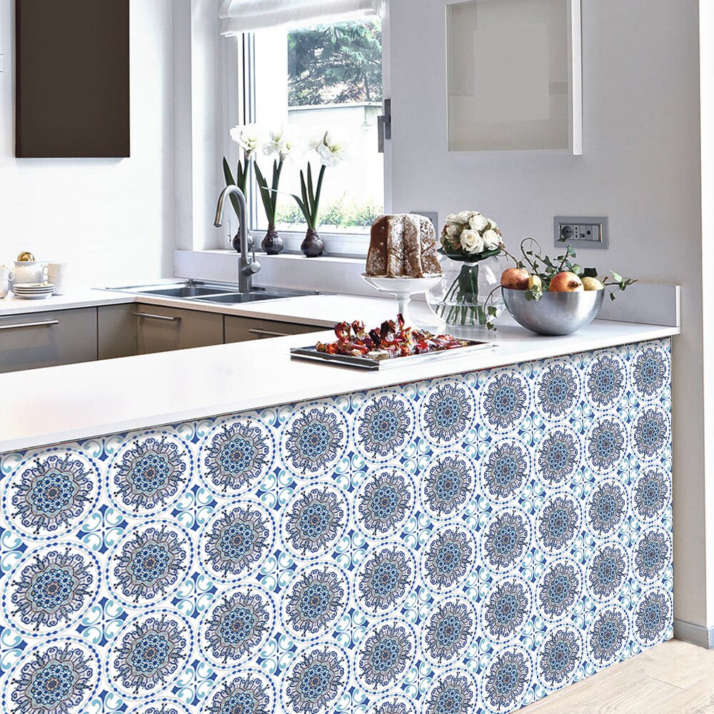 6pcs/set Blue and White Porcelain Pattern Tile Floor Stickers Kitchen Bathroom Ceramics Art Mural Home Decor PVC Wall Sticker