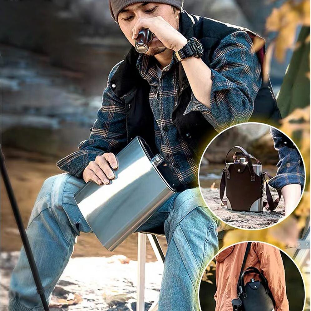 64 OZ Large Thick Stainless Steel Hip Flask Outdoor Portable Flat Wine Bottle Men&#39;s Utensils Leather Case Camping Accessory 1.8L