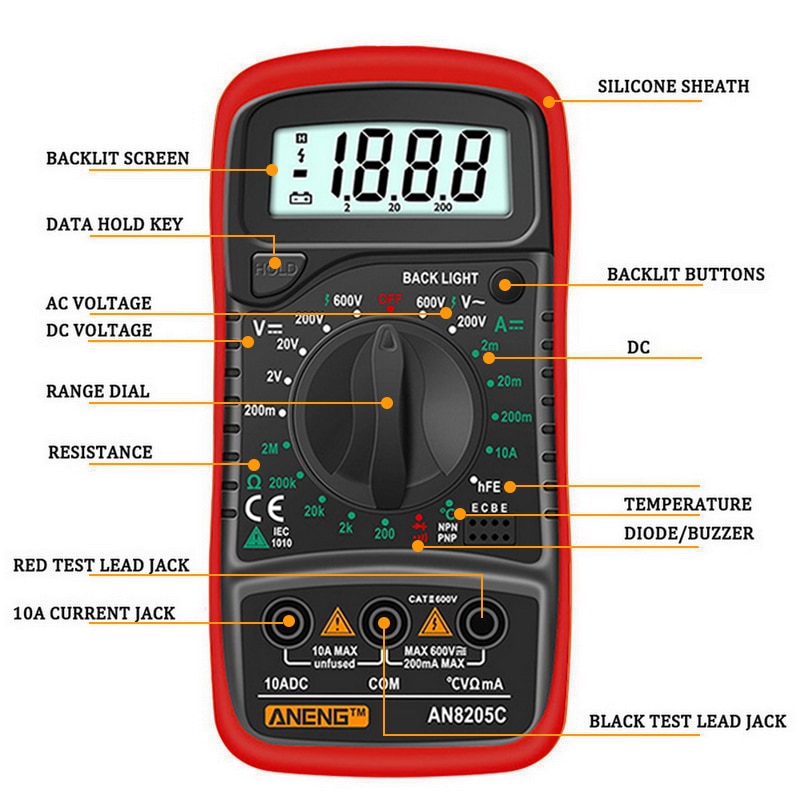 AN8205C Digital Multimeter AC/DC Ammeter Volt Ohm Tester Meter Multimetro With Thermocouple LCD Backlight Portable