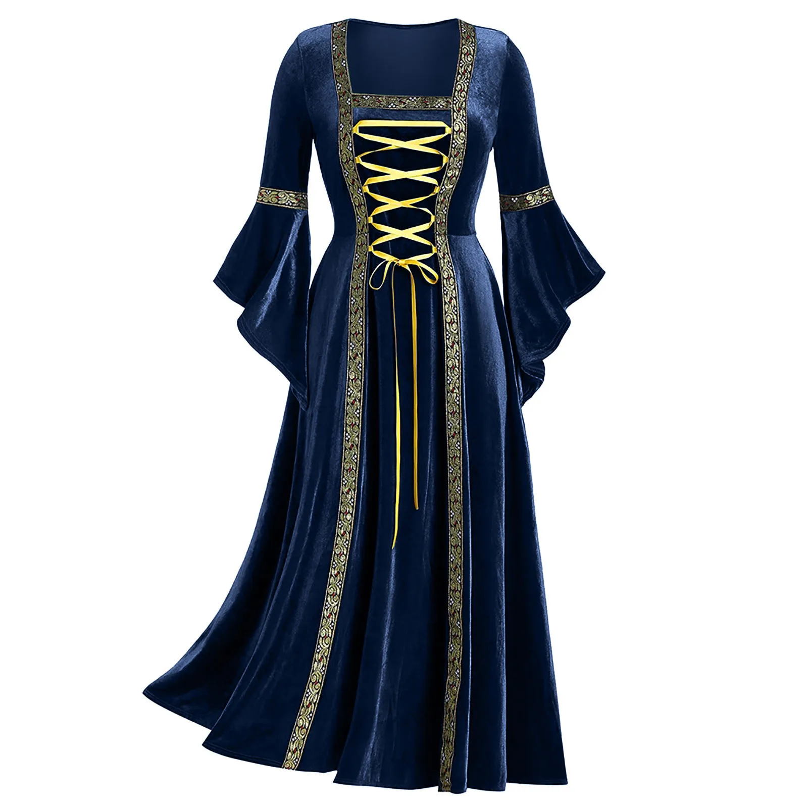 Robe Longue à Manches Longues pour Femmes, Style Pertanianval Giavegant, Cosplay, Robe Gothique d'Halloween à Bands, Kostüm: XL / Blau
