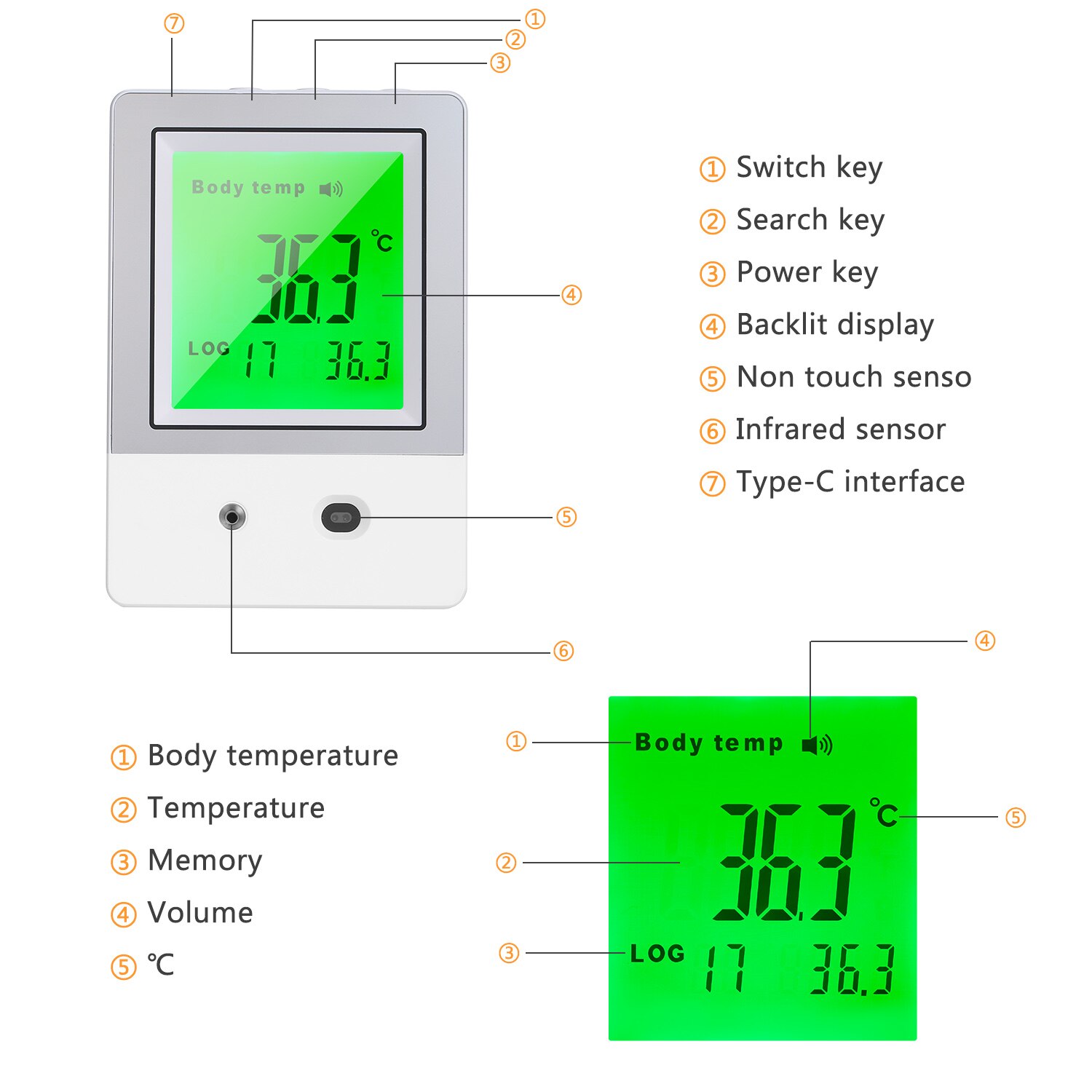 Non-contact Thermometer/Wall-Mounted Thermometer Infrared Sensor Digital Screen Memory Function Celsius Fahrenheit Conversion