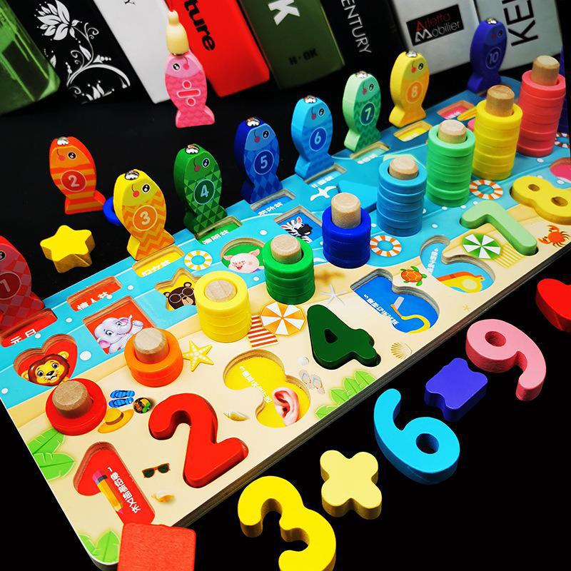 3D Montessori Educational Wooden Toys For Kids Board Math Fishing Count Numbers Digital Shape Match Early Education Children Toy