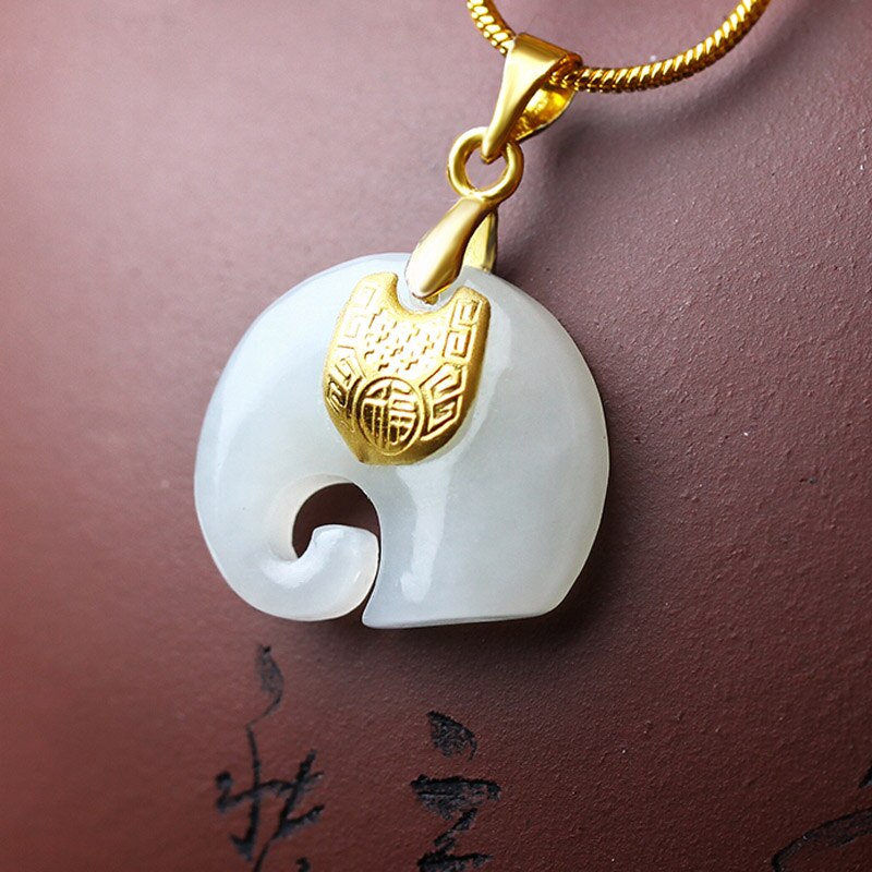 Goud Jade Hanger Ketting Hetian Jade Olifant Hanger Lucky Amulet 24 K Gouden Sieraden Voor Vrouwen Mannen