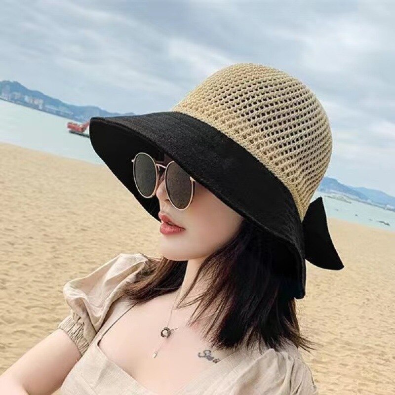 Strand Anti-Uv Visser Hoed Boog Opvouwbare Wide Brim Floppy Meisjes Strooien Hoed Vrouwen Zomer Hoed Uv Beschermen Reizen Cap Lady cap: Black