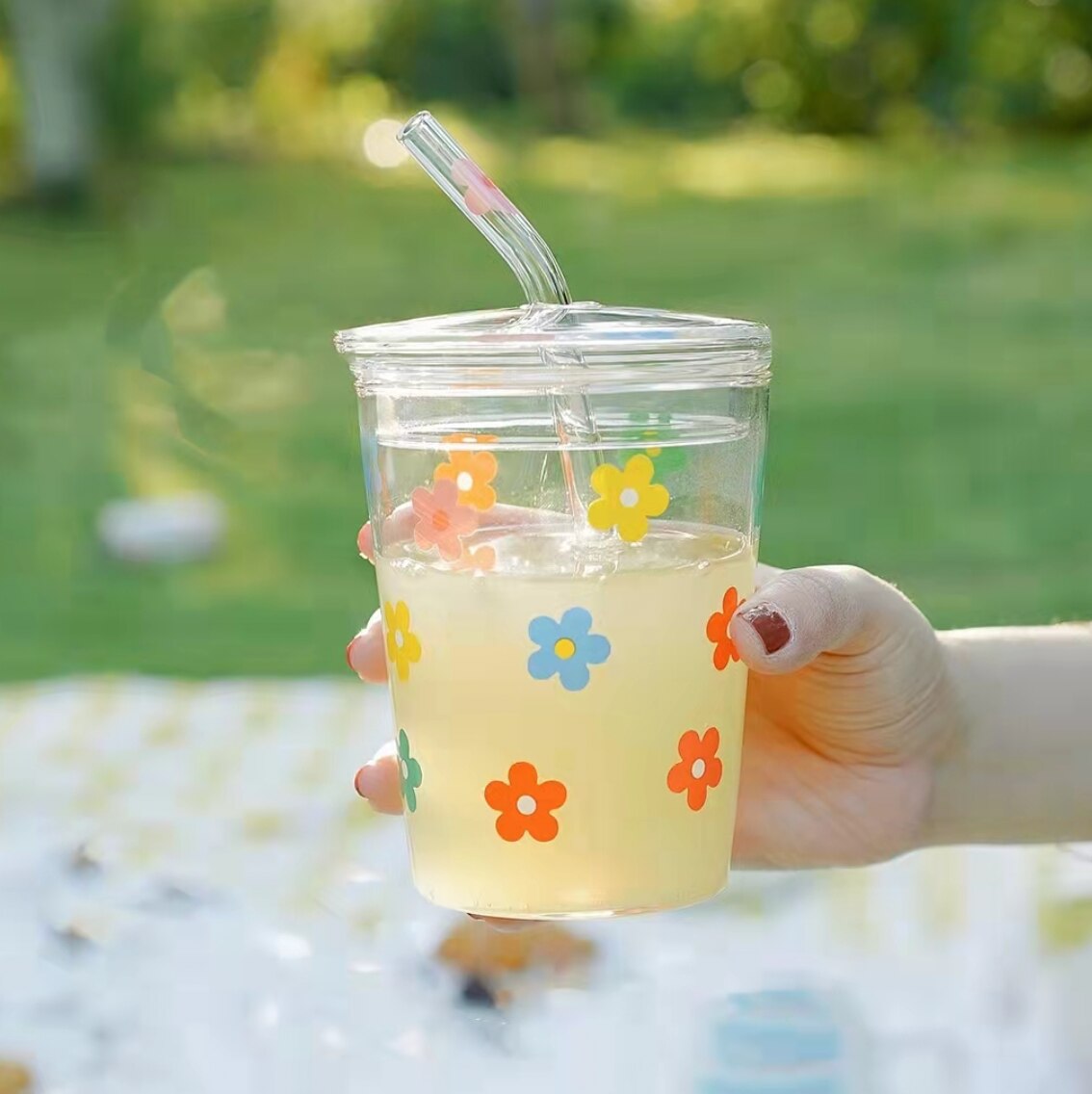 High Borosilicate Glass Colorful Flower Coffee Mug with Straw and Lid Transparent Drinking Milk Tea Cups Drinkware