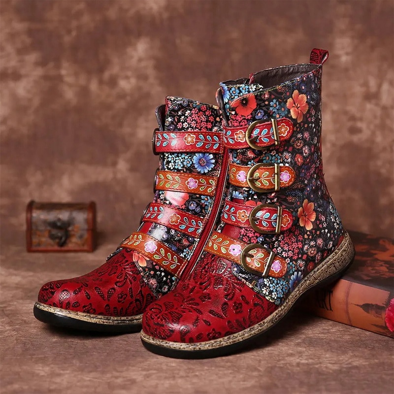 Femmes rétro PU cuir bottes Zapatillas cuir petites fleurs motif couture boucle bottes plates dames chaussures femmes