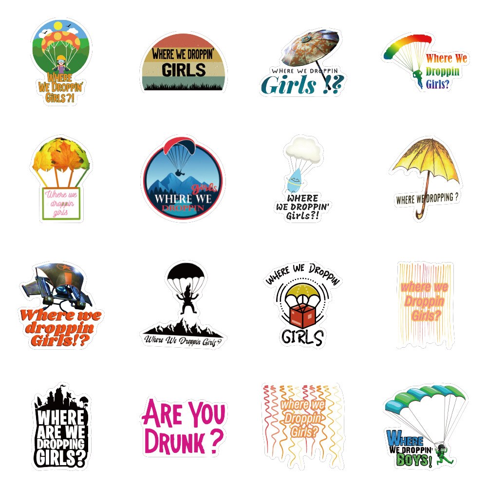 50PCS Where We Droppin Girl Sticker Pack Travel Extreme Sports Skydiving Parachute Stickers to DIY Helmet Laptop Bike Skateboard