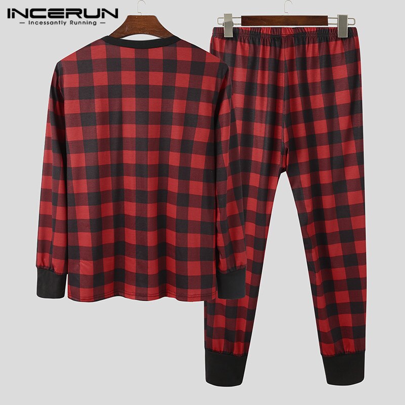 Men Plaid Pajamas Sets Homewear Long Sleeve O Neck Sleepwear Leisure Sleep Pants 2 Pieces Comfortable Men Nightwear Sets INCERUN