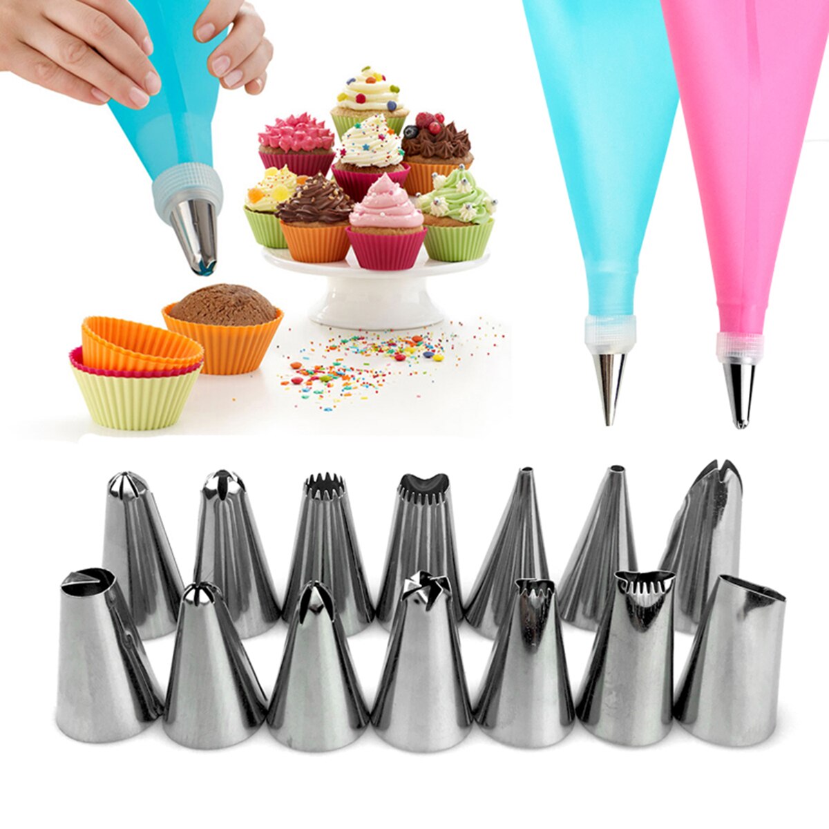 16pcs/set Cake Decorating Kit Supplies Set Tools Piping Tips Pastry Icing Bag Nozzles Baking Set Flower Bag Mouth Squeezed