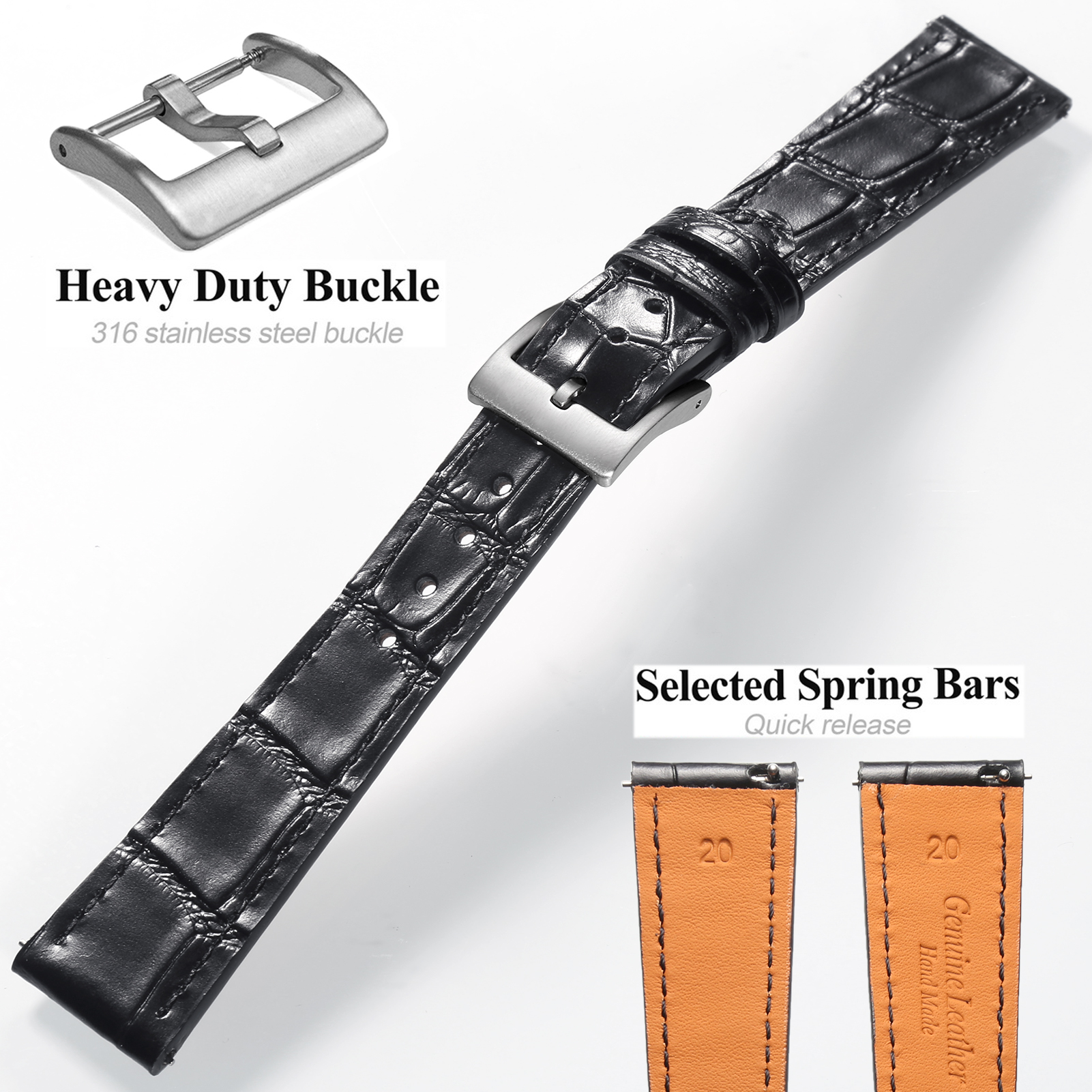Leahter Horloge Bands Black Quick Release Alligator Reliëf Vervangen Horloges Strap 18Mm 19Mm 20Mm 21mm 22Mm
