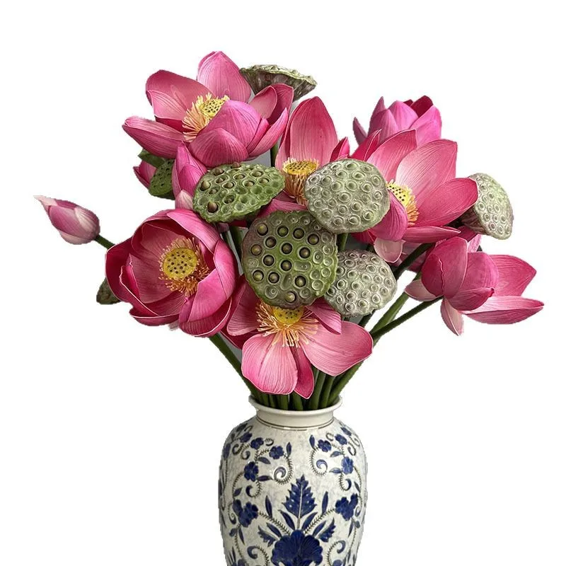 Artificial Flower EVA Lotus with Pole Lotuses Leaves Home Living Room Pastoral Style Decoration Simulation Pink White Flowers