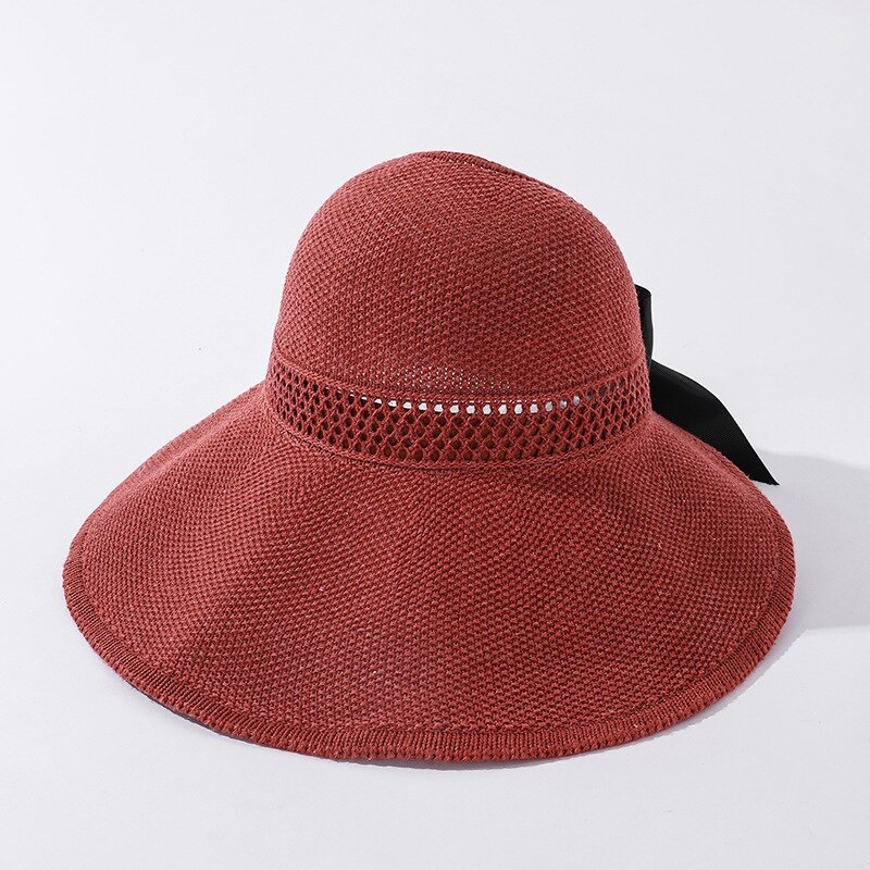 Zomer Boog Zon Hoeden Lege Top Hat Vrouwen Uitsparing Strand Hoed Vrouwen Zon Cap Lint Knit Raffia Zonnehoed uv Protction Caps: Wine Red