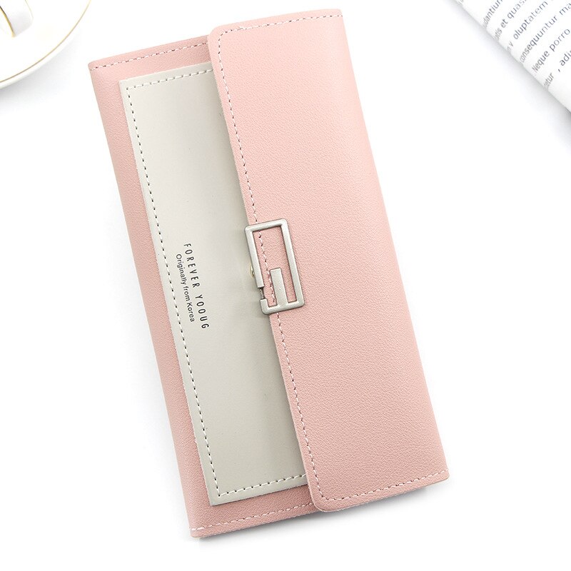 Style Long Korean Style Women's Wallet Simple Clutch Bag Tri-Fold Multi-Function Buckle Multi-Card Position Change Wallet: pink