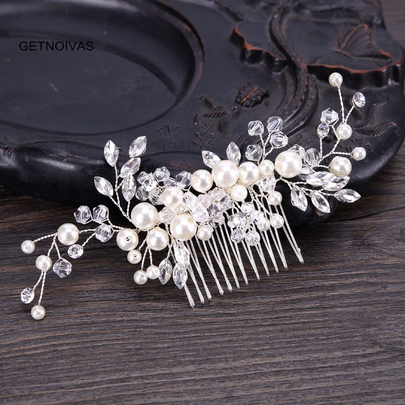 GETNOIVAS Handmade Silber Farbe Perle Blume Haar Kamm Braut Tiara Crown Kopfschmuck Hochzeit Braut Frauen Haar Schmuck Zubehör