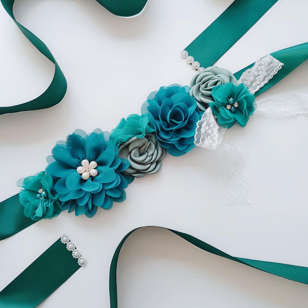 ruban de soie fleur mariée ceintures femme ceinture ceintures en mousseline de soie fleur dentelle nœud papillon accessoires de mariage longue robe: Green