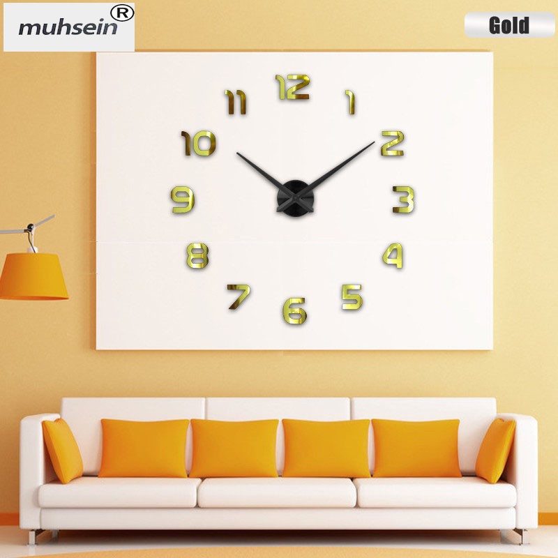 moderne 3D DIY Wanduhr Acryl Spiegel Wand Aufkleber Uhr Hause schmücken Uhren Metall Zifferblatt Mit Stumm Bewegung uhr: gold / 47 inch