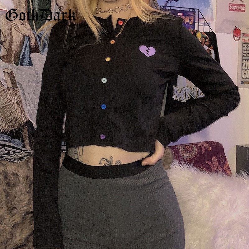 Goth Dark Long Sleeve Gothic T-shirts Women Harajuku Punk Grunge Autumn Winter Cropped Female T-shirt Button