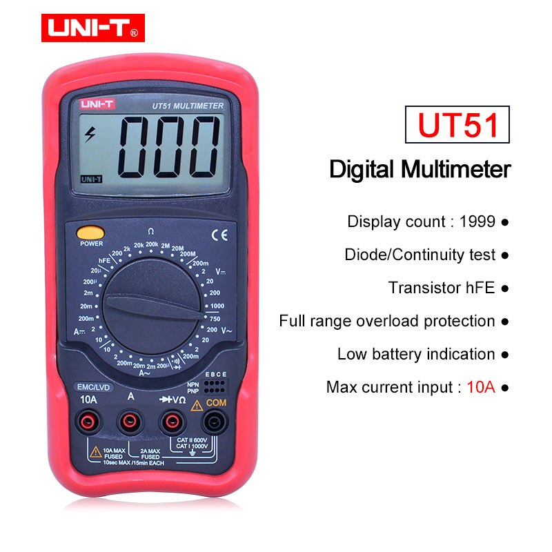 UNI-T Digital multimeter Large LCD Display UT50 Serie Voltmeter Ammeter Ohmmeter Diode/Continuity Test Overload Protection Meter: UT51