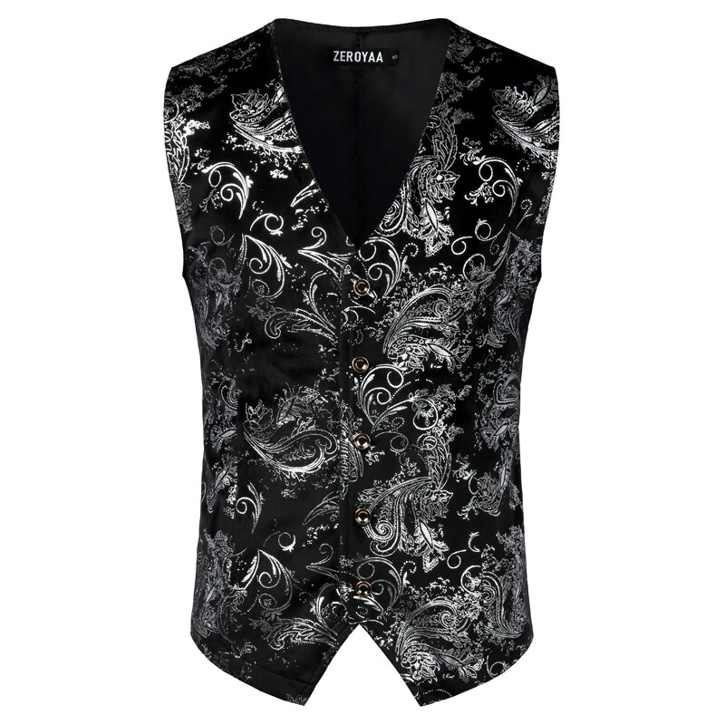 PODOLIXIA Gilet da uomo vintage vittoriano Steampunk gotico con stampa Paisley monopetto smanicato giacca blazer da matrimonio elegante da uomo floreale, argento, S
