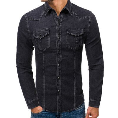Casual jeansskjorta herr slim fit långärmad 100%  bomull vintage distressed solid skjorta manligt märkeskläder: Svart / L