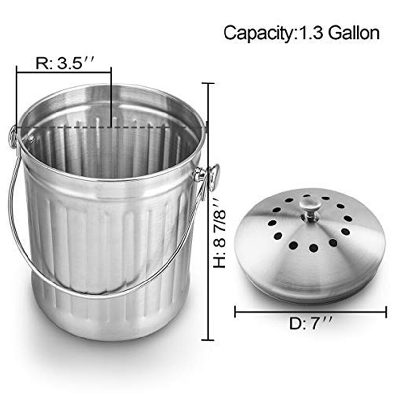 Contenitore per compostaggio, secchio per buccia per cucina domestica, secchio per compostaggio inodore per rifiuti alimentari da cucina, con manico e 2 filtri a carbone, 5
