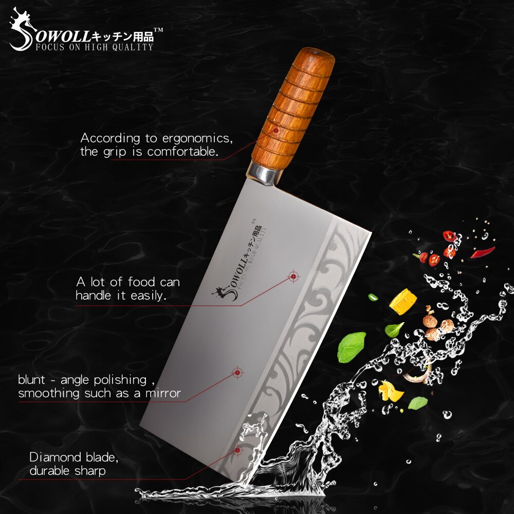 Sowoll 9 Inch Kitchen Chopping Knife Stainless Steel Sharp Kitchen Knife For Chop Bone Fish Meat Cleaver Cooking Accessories