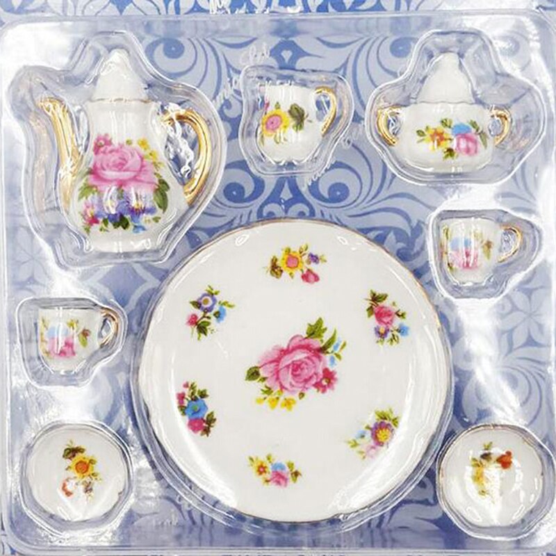 8 Pcs Dollhouse Porseleinen Theeservies Schotel Cup Plate-Roze Roos Miniature Eetkamer Ware