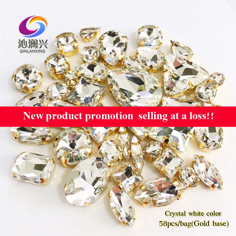 Fabrikssalg guld bund hvid 3d top krystal glas sy på sten, mix størrelse klo rhinestone diy/smykke tilbehør 58 stk/pak