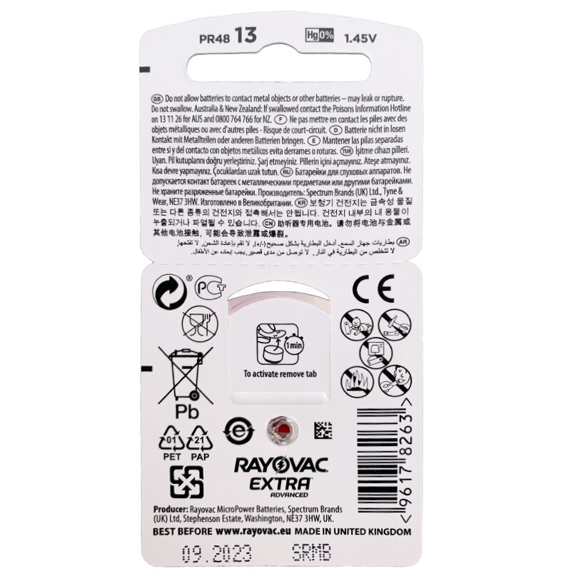 60 Pcs Rayovac Extra Hoortoestel Batterijen. Zink Air 13/P13/PR48 Batterij Voor Aho Hoge Prestaties Hoortoestellen