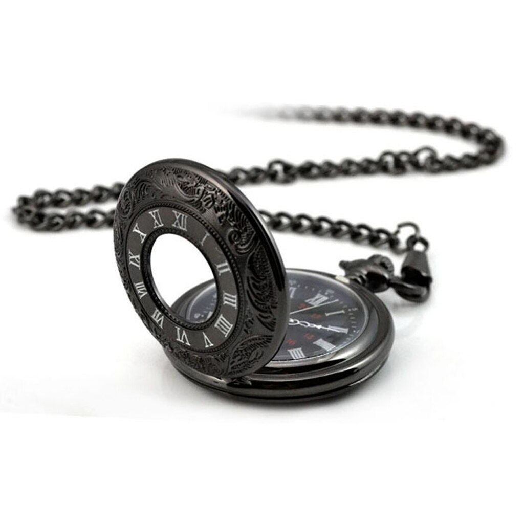 Unisex retro klassiek quartz zakhorloge ketting romeinse cijfers zwart